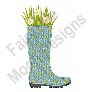 May include: A blue rain boot with yellow polka dots and a bouquet of white flowers in the top.