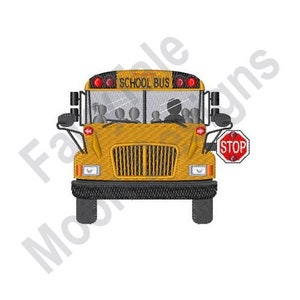 May include: A yellow school bus with a stop sign. The bus has the words "SCHOOL BUS" on the front.