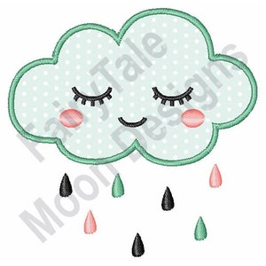Puede incluir: Una nube verde con una cara sonriente y los ojos cerrados está lloviendo gotas negras, verdes y rosas.