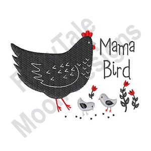 Mamá Pájaro - Diseño de bordado a máquina, patrón de bordado de pollitos de gallina campestre, bordado de flores y pollos primitivos, diseño de gallina de arte popular