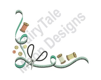 May include: A corner design featuring sewing supplies, including a spool of thread, scissors, buttons, and a measuring tape. The design is in shades of green, brown, and orange.