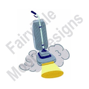 以下が含まれることがあります： 下から黄色い光が輝いているグレーとブルーの掃除機。掃除機はグレーの雲に囲まれている。