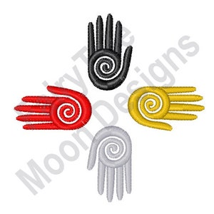 May include: Four stylized hands with a spiral design in the center. The hands are black, red, gold, and silver.