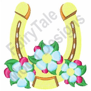 Golden Horseshoe - Machine Embroidery Design, Floral Horseshoe Embroidery Pattern, Equestrian Award Design