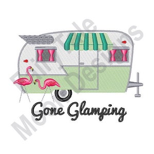Gone Glamping - Machine Embroidery Design, Girl Camping Embroidery Pattern, Travel Trailer Design, Glamper Design, RV Trailer Embroidery