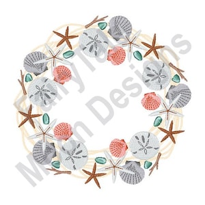 Summer Seashell Wreath - Machine Embroidery Design, Seastar Embroidery Pattern, Marine Fish Wreath Embroidery Design, Starfish Embroidery