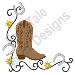 Cowboy Boot Corner - Machine Embroidery Design, Horseshoes Embroidery Pattern, Western Cowboy Design, Texas Corner Embroidery Design