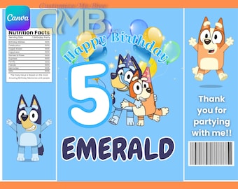 Bluey Party Chip Bag + Bonus Invitation & Thank You Card | Editable Canva Templates | Instant Download