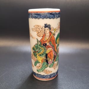 Vintage Chinese Small Porcelain Vase Man Riding Foo Dog