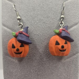 Jack-o-lantern Pumpkin Wearing Witch Hat Earrings Halloween Whimsical Witchy
