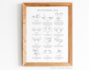 Könnte beinhalten: Ein schwarz-weißes, druckbares Poster mit Illustrationen von Gebärden der Deutschen Gebärdensprache (DGS) für Outdoor-Aktivitäten und -Objekte. Das Poster enthält die Wörter "OUTDOOR ASL" oben und "PAPER N GIFTS DESIGN" unten.