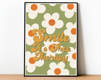 Smile It's Free Therapy Poster, Smile Print, Home Decor, Flower Print, Smile Quote Printable, Smile Printable Art, Retro Poster, Retro Print