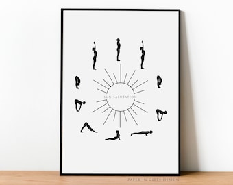 May include: Black and white printable poster with a sun illustration and silhouettes of a person in different yoga poses. The text "SUN SALUTATION" is in the center of the poster.