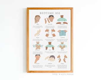 Könnte beinhalten: Ein farbenfroher illustrierter Poster mit dem Titel "Bedtime ASL" und zeigt Gebärdensprach-Handgesten für Wörter wie "Bett", "Kissen", "Decke", "lesen", "Kleidung", "Windel", "Kuscheln", "Spielzeug", "Bär", "Schlafen", "Träumen" und "Müde".