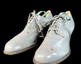 Vintage 1960s Italian Leather Oxford Heels - Powder Blue Mod Shoes Size 7 AA