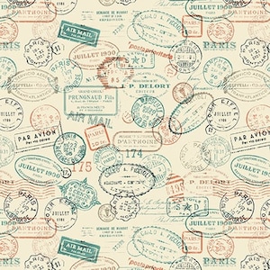Time Travel Postal Stamps - Priced by the Half Yard - Urban Essence Designs for Blank Quilting - 3018-41 Ivory