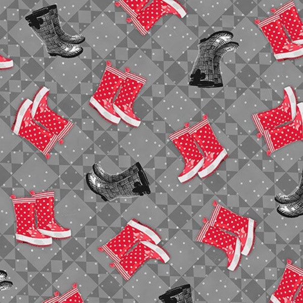 Snow Boot Toss, Tradition Continues II, Red Truck, Henry Glass Fabrics, 100% Cotton, Christmas fabric, Q9729-90 GRAY