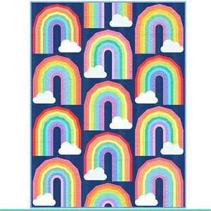 May include: A quilt pattern titled "PROMISE" featuring a repeating rainbow design with white cloud accents on a navy blue background. The finished quilt size is 60" x 80". The pattern is by Sarah Thomas of SARIDITTY and uses foundation paper piecing.