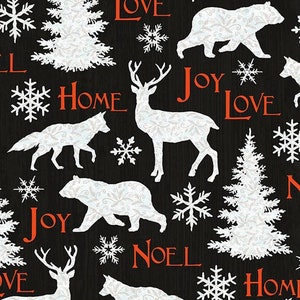 White Animal Motifs on Black - 2-ply Flannel - Winter Elegance - 100% Cotton - Henry Glass Fabrics - F9531-99