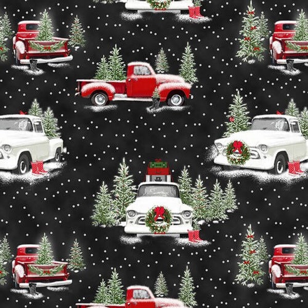 Large Red and White Trucks Allover, Tradition Continues II, Red Truck, Henry Glass Fabrics, 100% Cotton, Christmas fabric, Q9726-99 BLACK