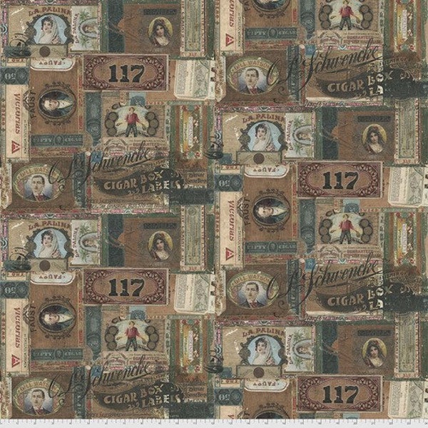 Cigar Box Labels - Sold by the Half Yard - Foundations by Tim Holtz for FreeSpirit Fabrics - PWTH061.8MULT