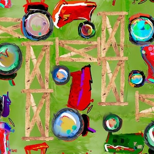 Farm Tractors - Priced by the 1/2 Yard/Cut Continuous - Back to the Farm by Connie Haley for 3Wishes - 23044-GRN