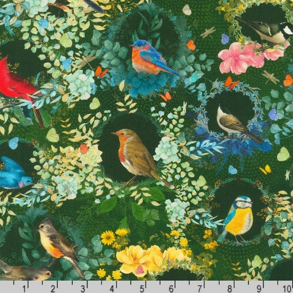 Enchanted Aviary Bird Green - Priced by the Half Yard - Duirwaigh Studios for Robert Kaufman - ADND22277-7