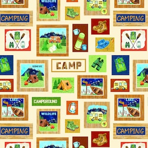 Let&#39;s Camp Cream - Priced by the Half Yard - Live, Love, Camp by Nicole Decamp for Benartex - 14449-07