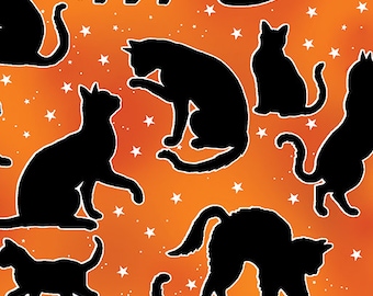 Spooktacular Cats Orange Glow in the Dark - Halloween Spirit - 100% Cotton - Benartex - 12545G-38