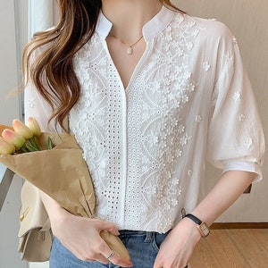 French Style Lace Eyelet White Blouse Women Lace Blouse French Cotton ...