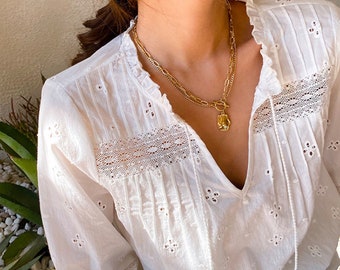 Women's French Long Sleeve White Cotton Embroidered Shirt | Lace Blouse | Summer Top For Women | Victorian Blouse