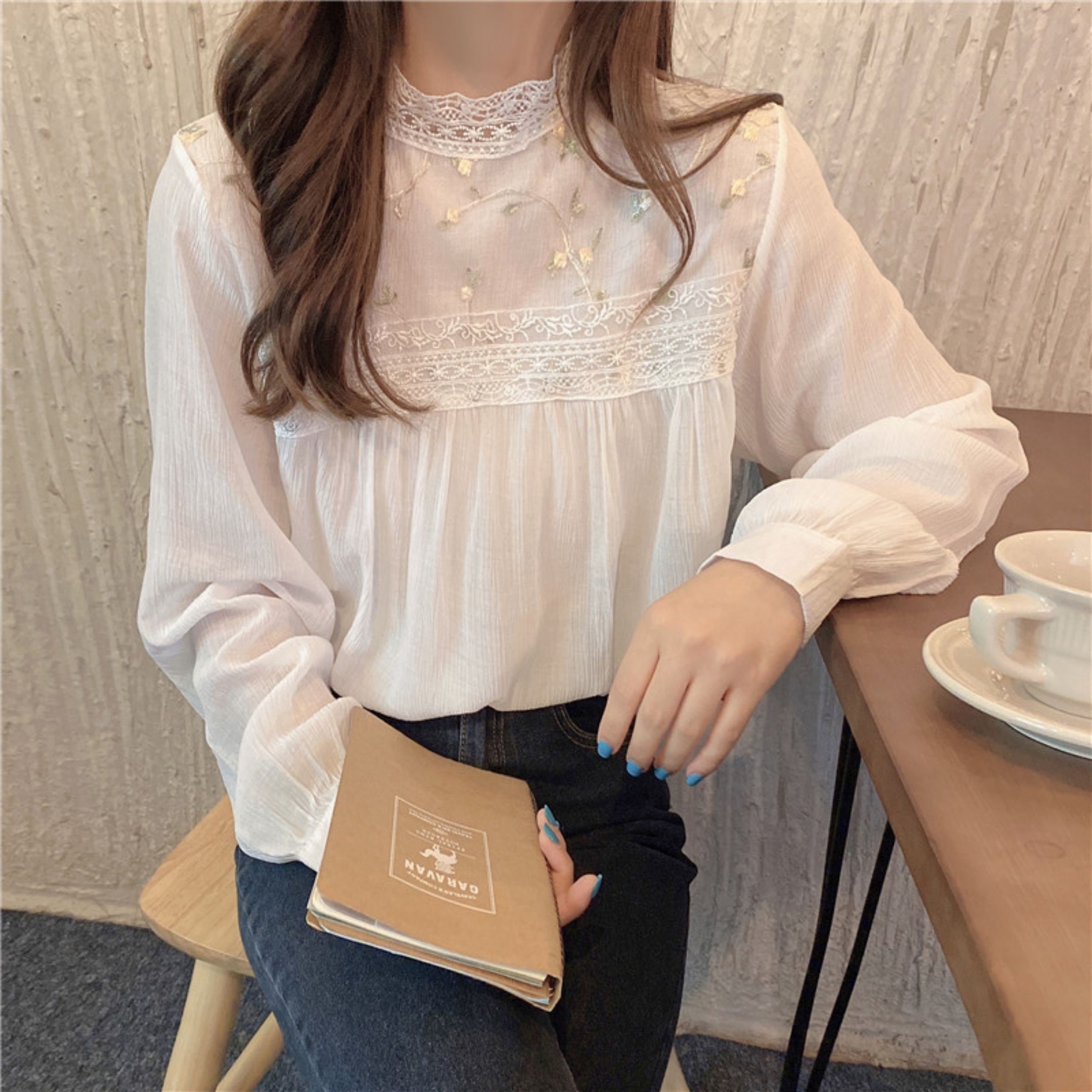 Embroidered Lace Long Sleeve Shirt Women Summer Blouse - Etsy