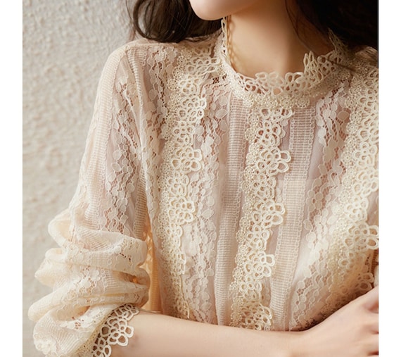 French Style Lace Eyelet Blouse Women 