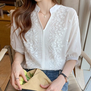 French Style Lace Eyelet White Blouse Women Lace Blouse French Cotton ...