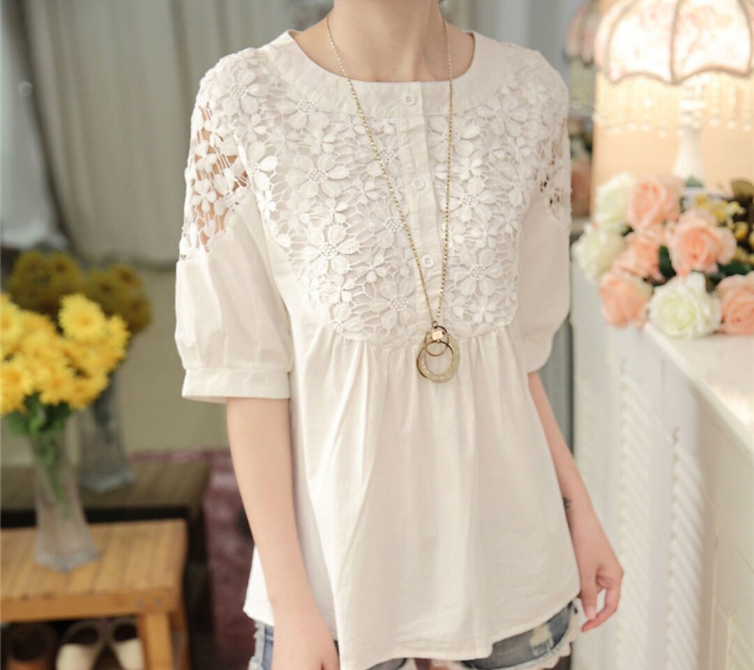 French Style Lace Eyelet White Blouse Women Lace Blouse - Etsy