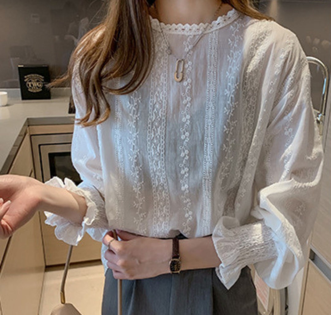 Embroidered Lace Long Sleeve Shirt Women Summer Blouse Boho Peasant ...