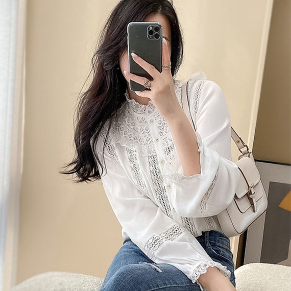 Niche Round Neck Lace Blouse Long Sleeve White Shirt - Etsy