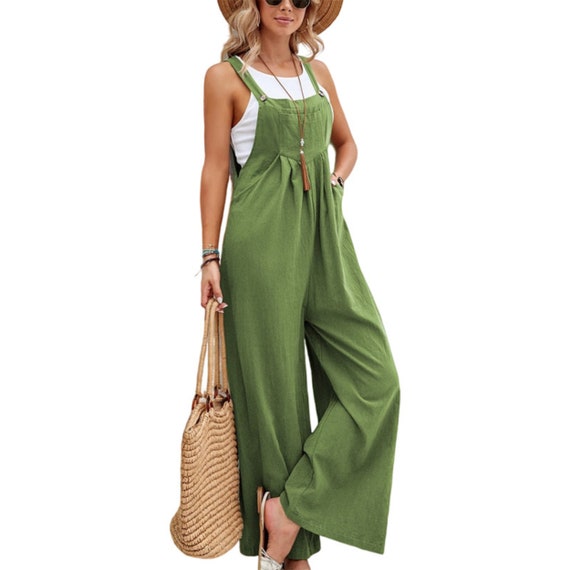 Women's Suspender Jumpsuit Button Pocket Design 2023 Summer & Plain Fashion  Vacation Casual Long Jumpsuits size M Color A
