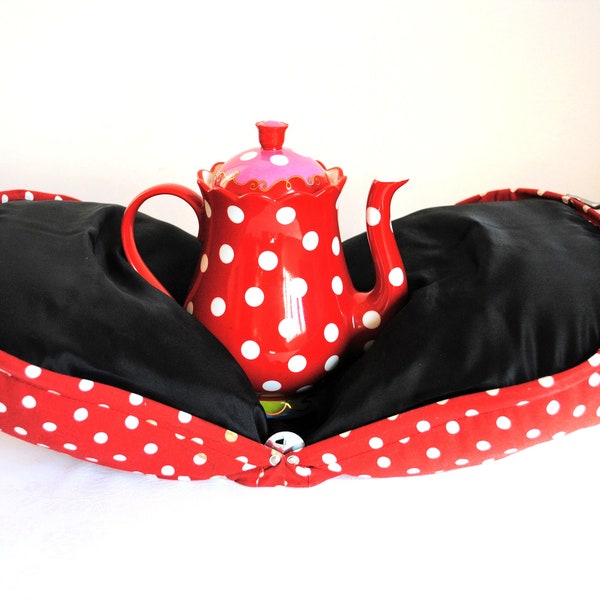 Dutch red porcelain tea pot with teapot cozy / Oliliy for Douwe Egberts polka dot tea ceremony gift vintage / Retro farmhouse kitchen decor