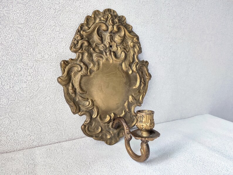Solid shops brass wall candle holder antique / Victorian candle sconce / Ornate gold metal wall art decor