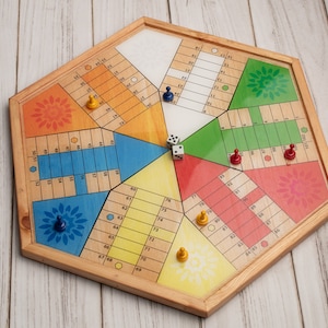Parcheesi Board for 6 players - ORIGINAL CLASSIC BOARD. Hand Made with Wood, Resin & Glitter. Natural Color