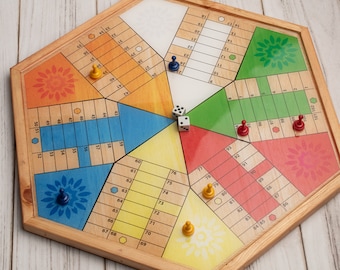 Parcheesi Board for 6 players - ORIGINAL CLASSIC BOARD. Hand Made with Wood, Resin & Glitter