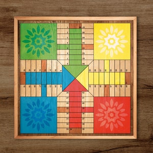 Parcheesi Board for 4 players - ORIGINAL CLASSIC BOARD. Handmade with wood, Resin & Glitter. Yellow, Blue, Green, Red Colors