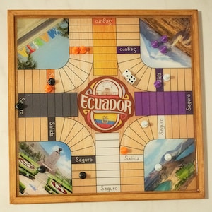 Parcheesi Board for 4 players - ECUADOR BOARD. Hand Made with wood, Resin & Glitter.