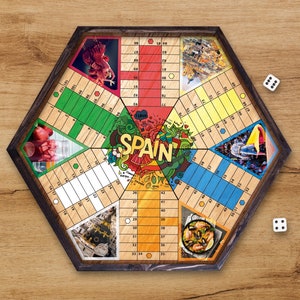 Parcheesi-bord voor 6 spelers - SPANJE. Handgemaakt met hout, glitter en hars.