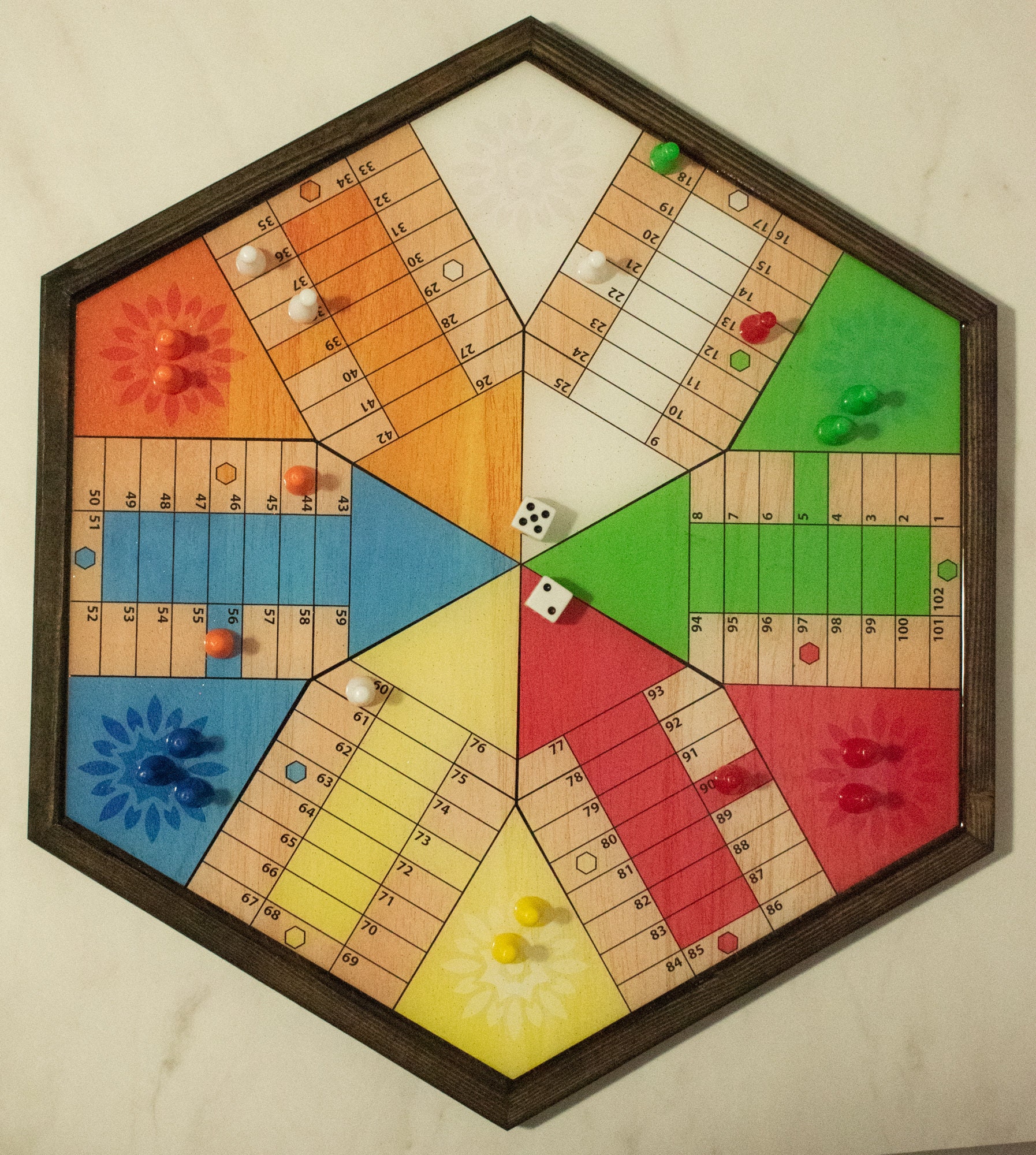 Parcheesi Board for 6 players - SPAIN BOARD. Hand Made with wood & Res