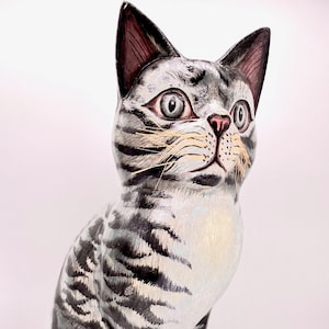 Life Like Intricately Painted Gray Cat Looking Out......  Faux whiskers Too!