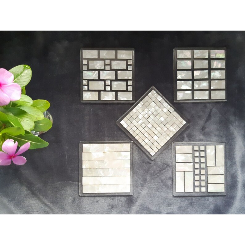 COASTER SET of 6 Mother of Pearl Laser cut Stick on Acrylic Coaster Base with Clear Lamination Glossy Coaster Tea Coaster