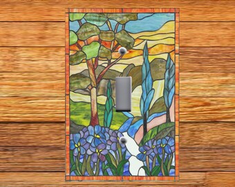 Stained Glass Pattern Home Decor - Art Nouveau Trees Valley Mountains Hillside Light Switch Plate Cover - Light Switch & Outlet Covers