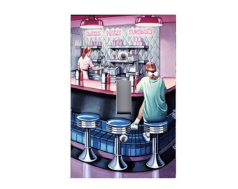 May include: A retro diner scene with a light blue counter, three chrome stools, and a woman sitting at the counter. The diner has pink and white tile walls with neon signs that read "SHAKES", "MALTS", and "SUNDAES".